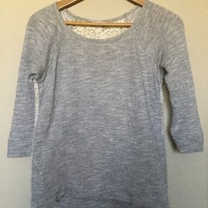 Express Extra Small Heather Gray Baseball Tee with Floral Crochet Back